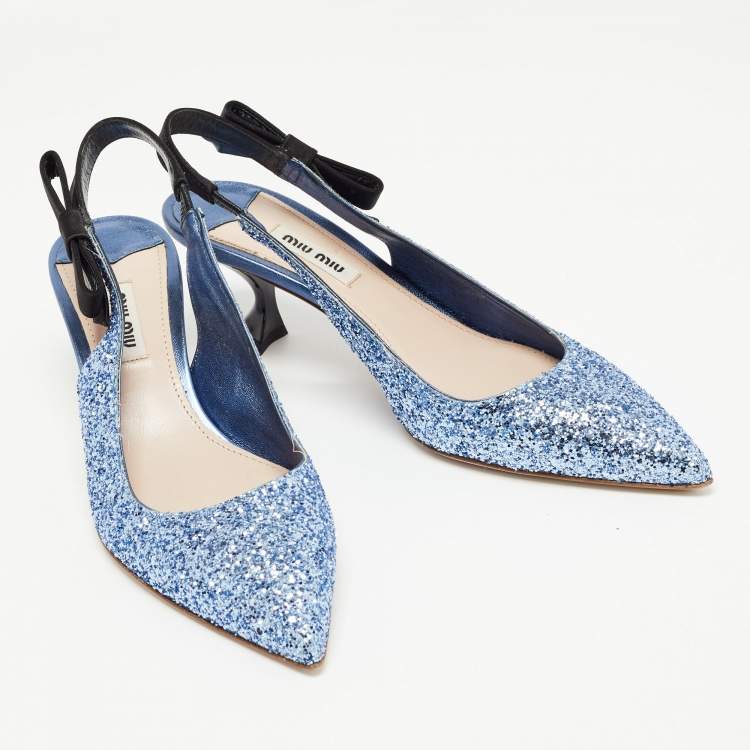 Pre Owned Miu Miu Blue Coarse Glitter Bow Slingback Pumps Size 38