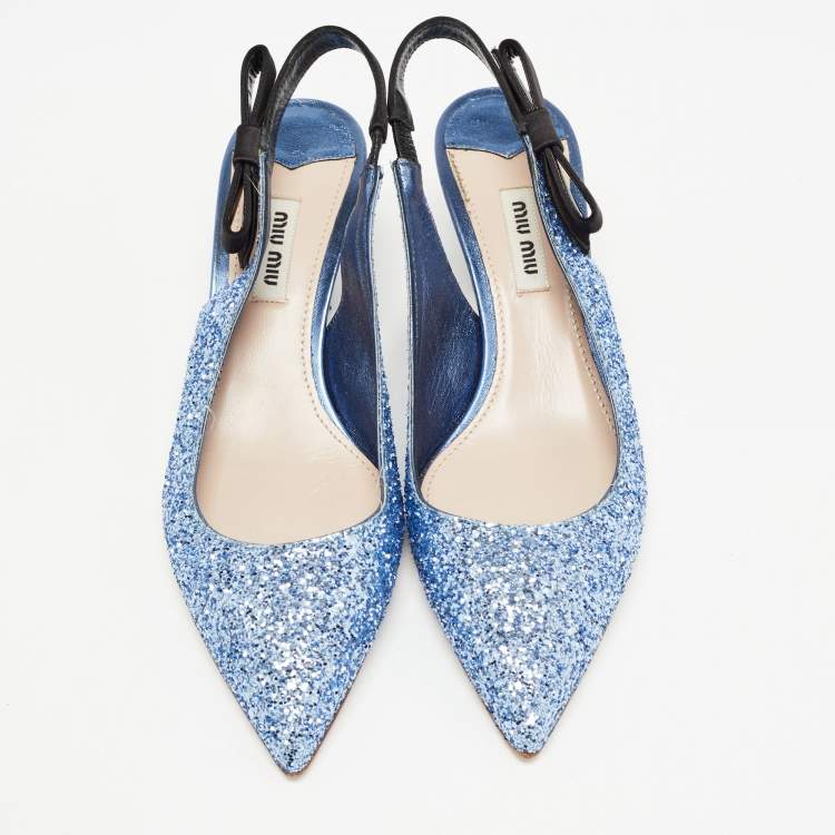 Pre Owned Miu Miu Blue Coarse Glitter Bow Slingback Pumps Size 38