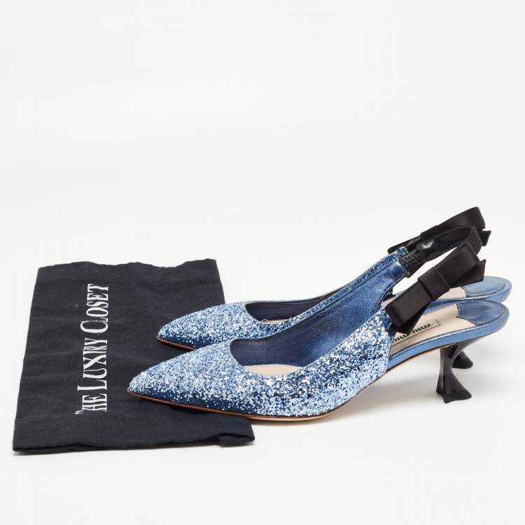 Pre Owned Miu Miu Blue Coarse Glitter Bow Slingback Pumps Size 38