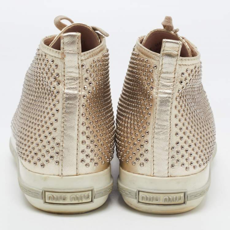 Pre Owned Miu Miu Gold Foil Leather Studded High Top Sneakers Size 40