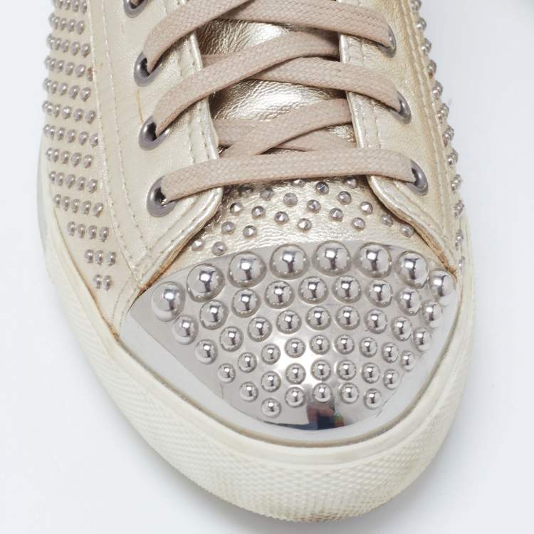 Pre Owned Miu Miu Gold Foil Leather Studded High Top Sneakers Size 40