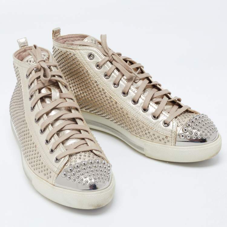 Pre Owned Miu Miu Gold Foil Leather Studded High Top Sneakers Size 40