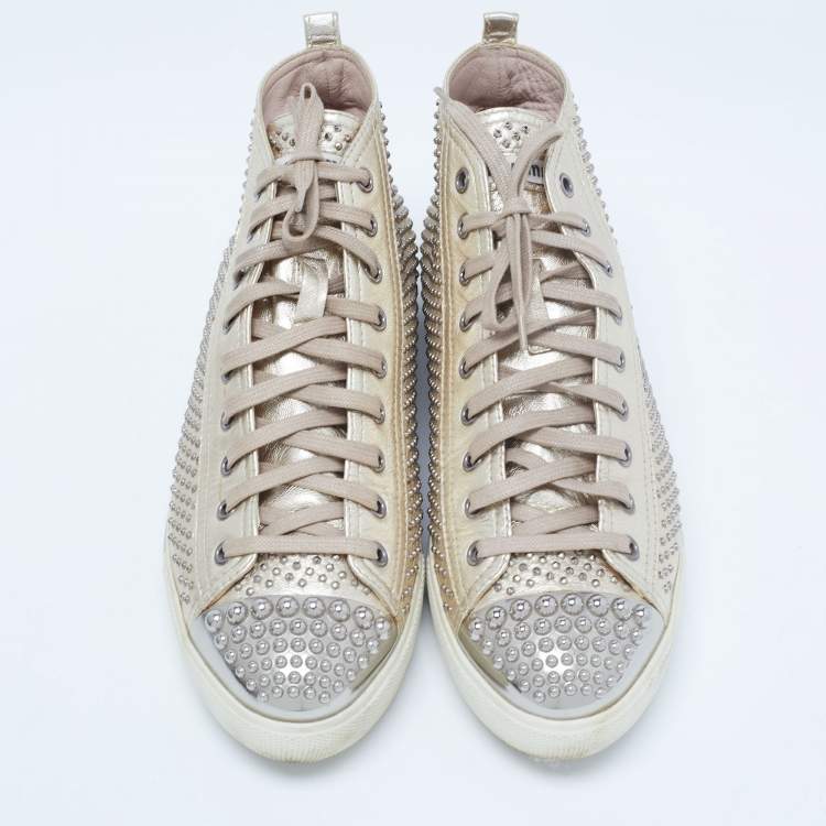 Pre Owned Miu Miu Gold Foil Leather Studded High Top Sneakers Size 40