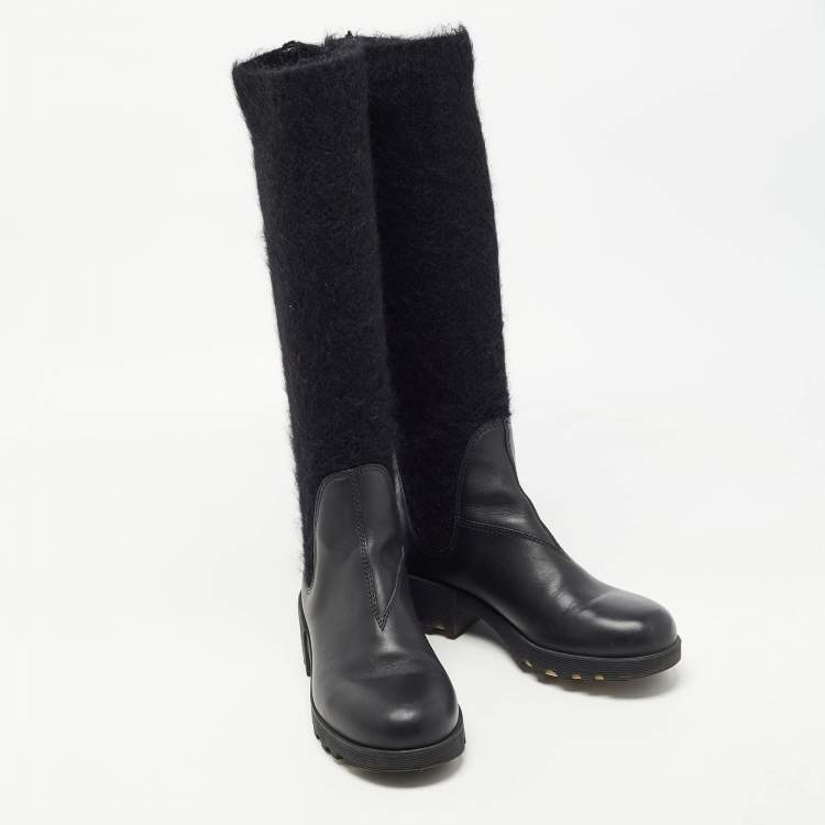 Pre Owned Miu Miu Black Fur and Leather Biker Boots Size 37