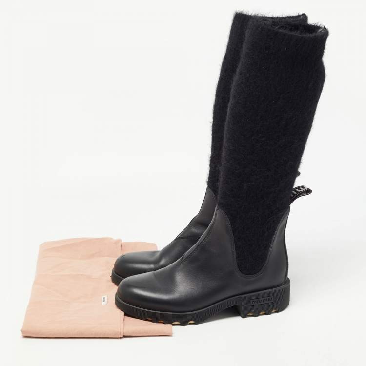 Pre Owned Miu Miu Black Fur and Leather Biker Boots Size 37