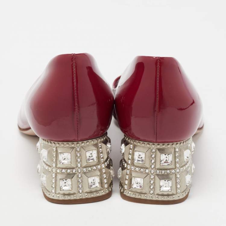 Pre Owned Miu Miu Burgundy Patent Leather Peep Toe Embellished Block Heel Pumps Size 37