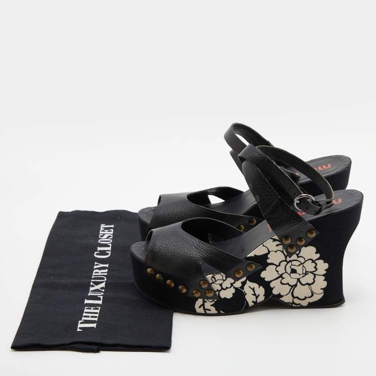 Pre Owned Miu Miu Black Leather Wedge Platform Ankle Strap Sandals Size 39