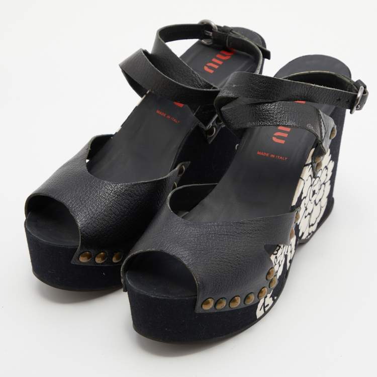 Pre Owned Miu Miu Black Leather Wedge Platform Ankle Strap Sandals Size 39