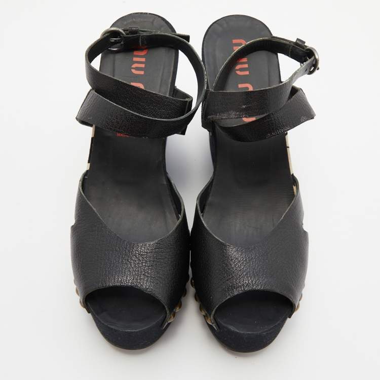 Pre Owned Miu Miu Black Leather Wedge Platform Ankle Strap Sandals Size 39