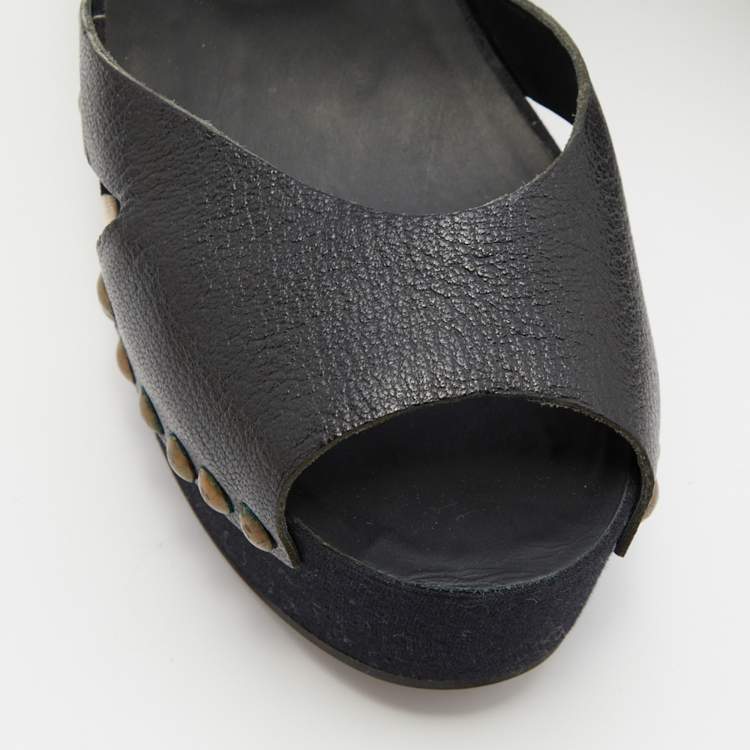 Pre Owned Miu Miu Black Leather Wedge Platform Ankle Strap Sandals Size 39