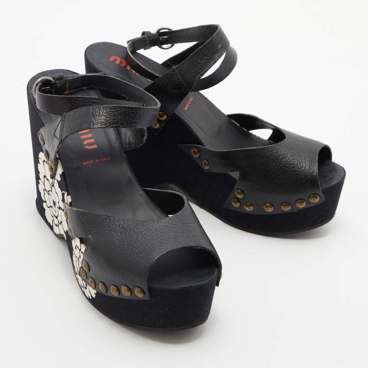 Pre Owned Miu Miu Black Leather Wedge Platform Ankle Strap Sandals Size 39