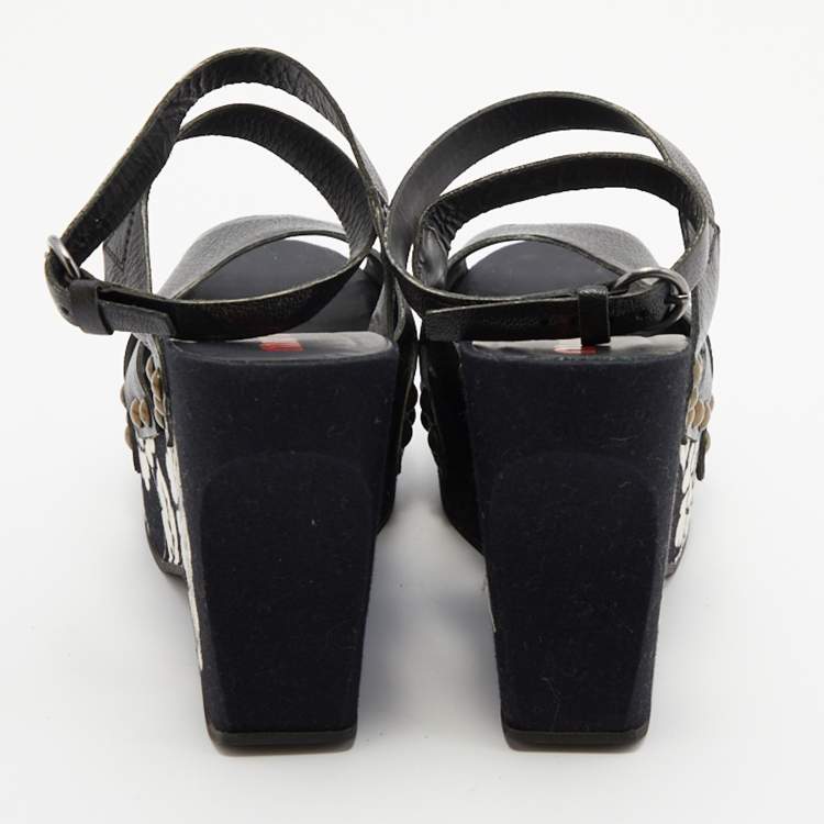Pre Owned Miu Miu Black Leather Wedge Platform Ankle Strap Sandals Size 39