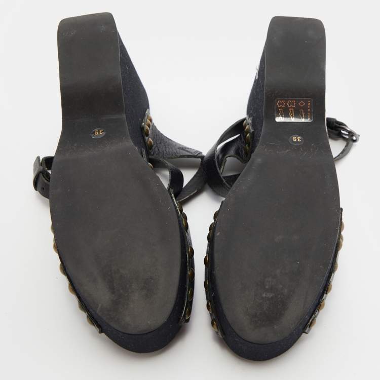Pre Owned Miu Miu Black Leather Wedge Platform Ankle Strap Sandals Size 39