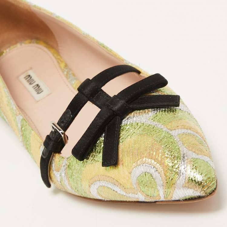 Pre Owned Miu Miu Multicolor Brocade Fabric And Satin Trim Giada Bow Pointed Toe Ballet Flats Size 37.5