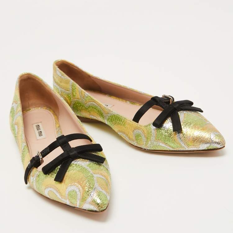 Pre Owned Miu Miu Multicolor Brocade Fabric And Satin Trim Giada Bow Pointed Toe Ballet Flats Size 37.5