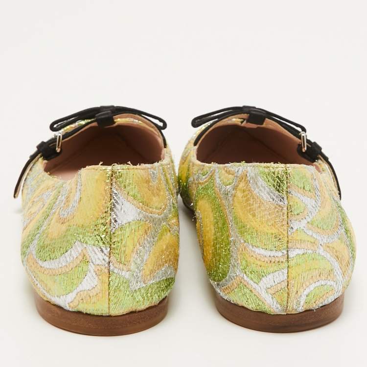 Pre Owned Miu Miu Multicolor Brocade Fabric And Satin Trim Giada Bow Pointed Toe Ballet Flats Size 37.5