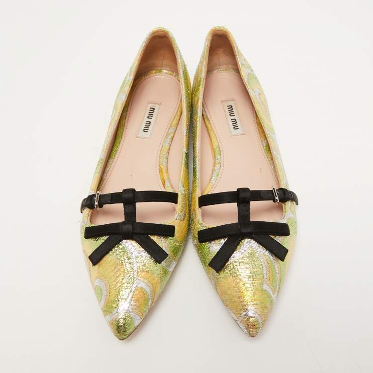 Pre Owned Miu Miu Multicolor Brocade Fabric And Satin Trim Giada Bow Pointed Toe Ballet Flats Size 37.5