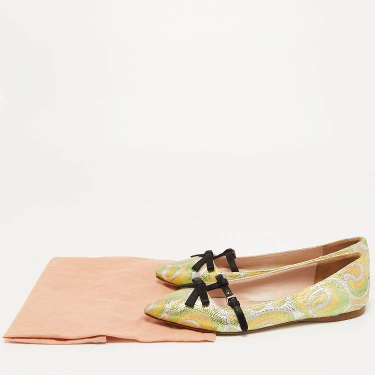 Pre Owned Miu Miu Multicolor Brocade Fabric And Satin Trim Giada Bow Pointed Toe Ballet Flats Size 37.5