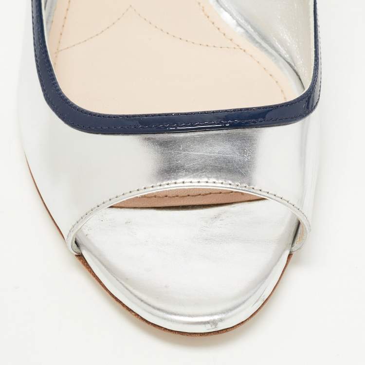 Pre Owned Miu Miu Silver/Navy Blue Leather Slingback Sandals Size 38.5