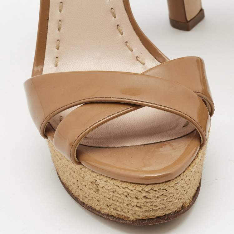 Pre Owned Miu Miu Brown Patent Leather Ankle Strap Platform Sandals Size 35.5