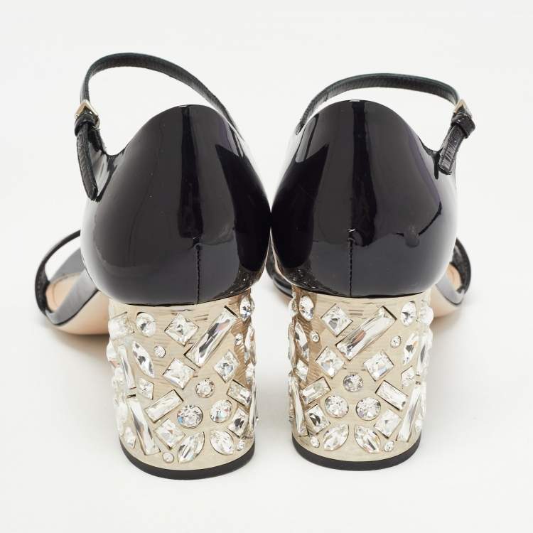 Pre Owned Miu Miu Black Patent Leather Crystal Embellished Ankle Strap Sandals Size 38.5