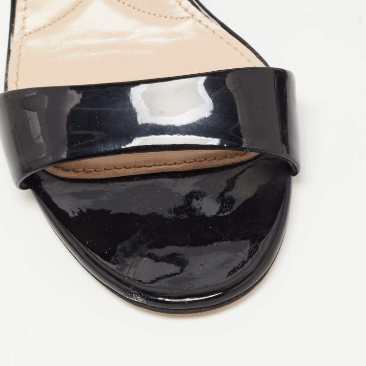 Pre Owned Miu Miu Black Patent Leather Crystal Embellished Ankle Strap Sandals Size 38.5