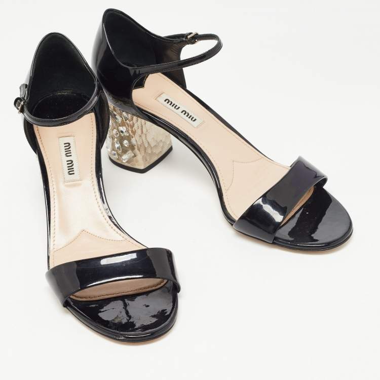 Pre Owned Miu Miu Black Patent Leather Crystal Embellished Ankle Strap Sandals Size 38.5