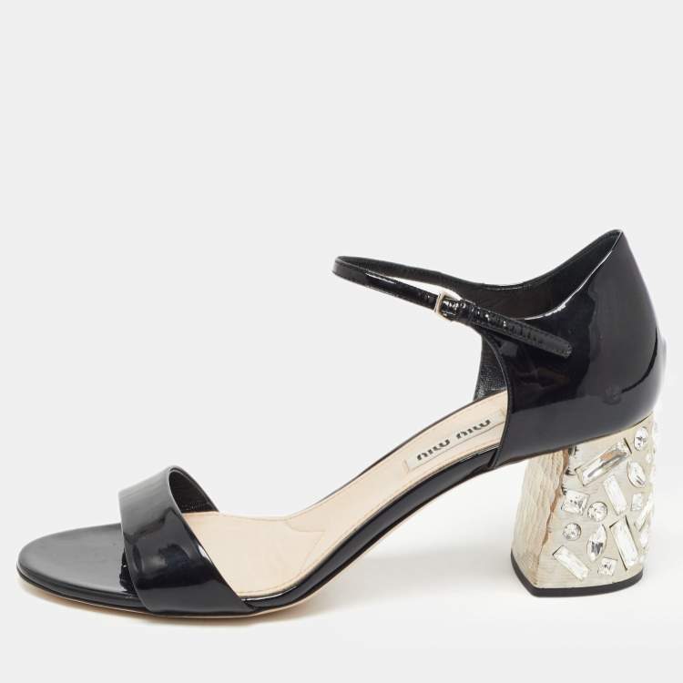 Pre Owned Miu Miu Black Patent Leather Crystal Embellished Ankle Strap Sandals Size 38.5