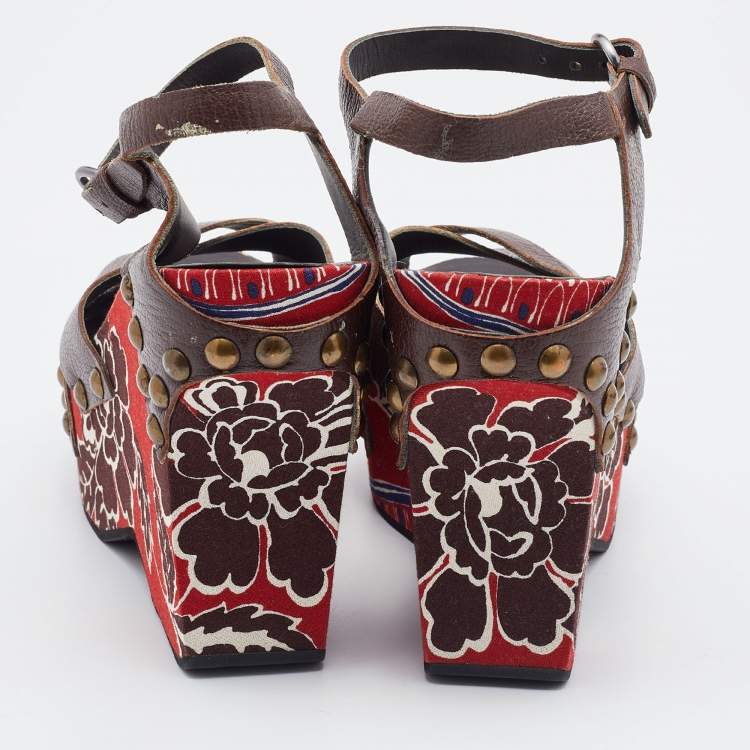 Pre Owned Miu Miu Brown Leather Wedge Platform Ankle Strap Sandals Size 38
