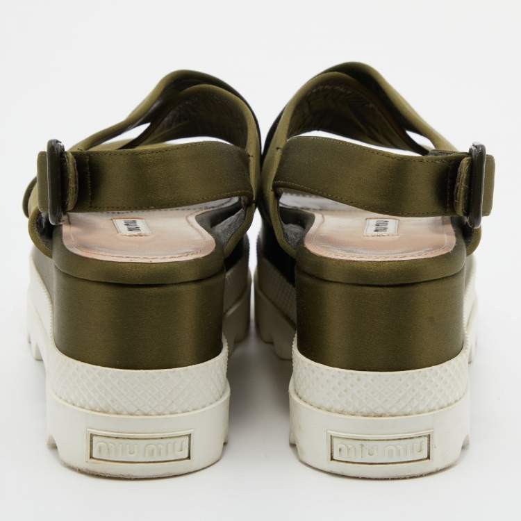 Pre Owned Miu Miu Green Satin Ankle-Strap Flat Platform Sandals Size 37