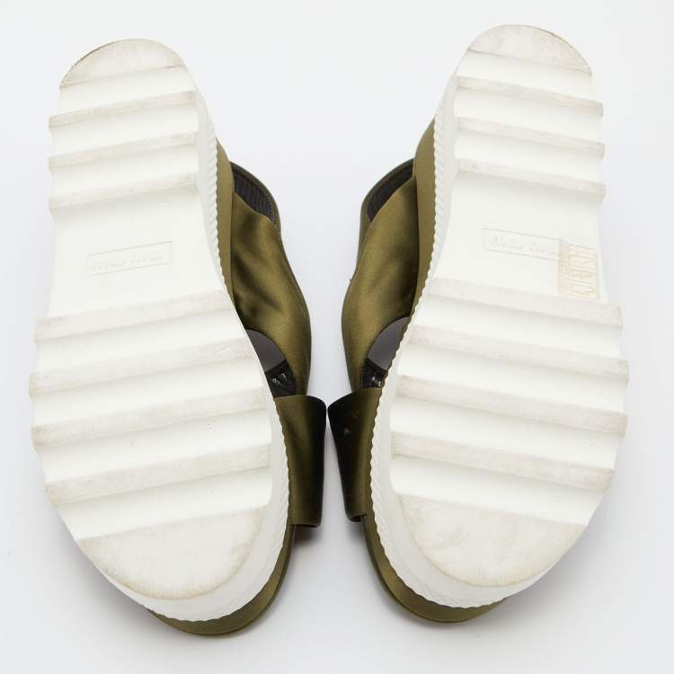 Pre Owned Miu Miu Green Satin Ankle-Strap Flat Platform Sandals Size 37