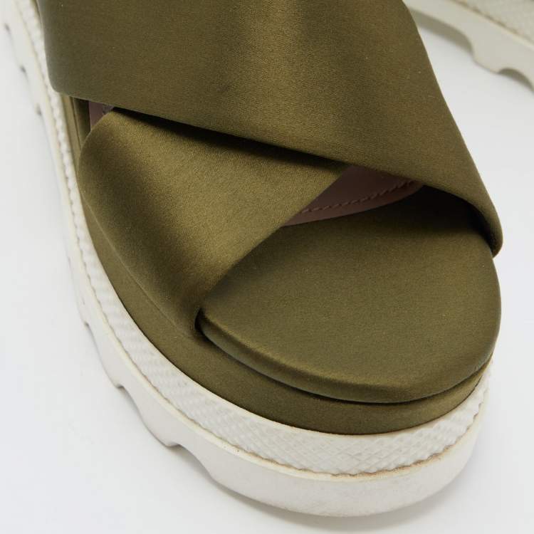 Pre Owned Miu Miu Green Satin Ankle-Strap Flat Platform Sandals Size 37