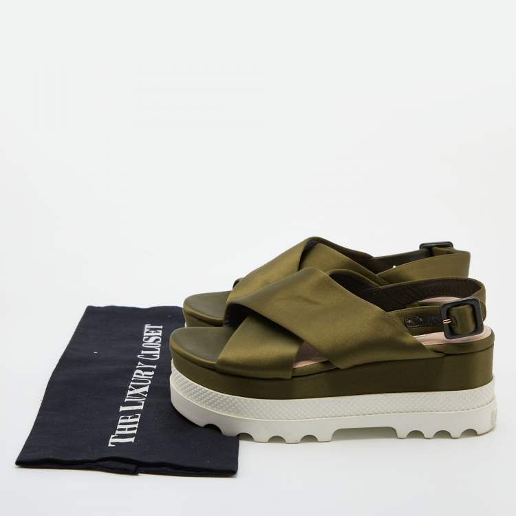Pre Owned Miu Miu Green Satin Ankle-Strap Flat Platform Sandals Size 37