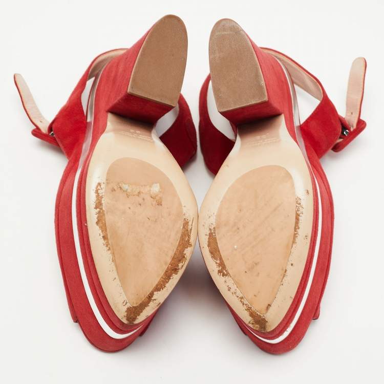 Pre Owned Miu Miu Red Suede Platform Ankle Strap Sandals Size 36