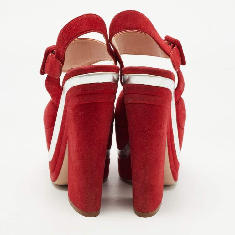 Pre Owned Miu Miu Red Suede Platform Ankle Strap Sandals Size 36