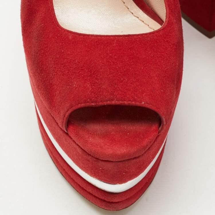Pre Owned Miu Miu Red Suede Platform Ankle Strap Sandals Size 36