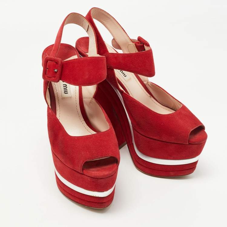Pre Owned Miu Miu Red Suede Platform Ankle Strap Sandals Size 36