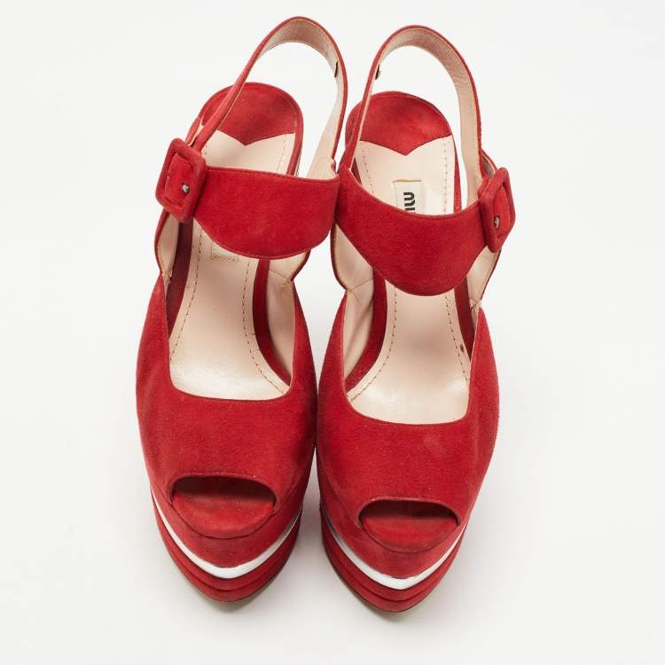 Pre Owned Miu Miu Red Suede Platform Ankle Strap Sandals Size 36