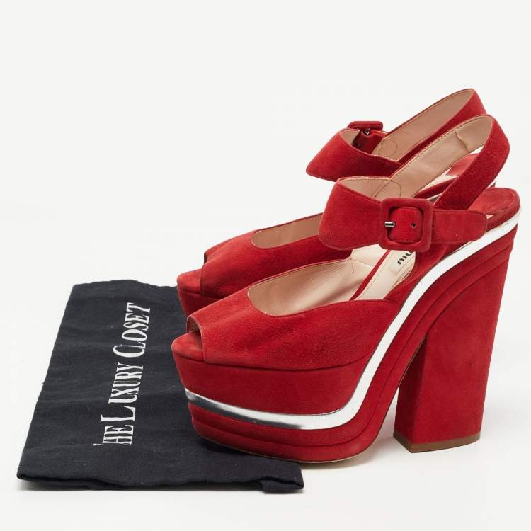 Pre Owned Miu Miu Red Suede Platform Ankle Strap Sandals Size 36