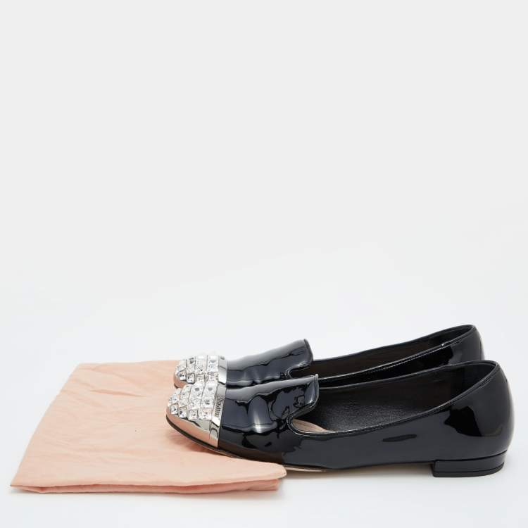 Pre Owned Miu Miu Black Patent Leather Crystal Embellished Cap Toe Smoking Slippers Size 35