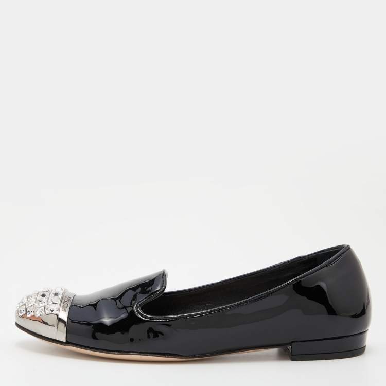 Pre Owned Miu Miu Black Patent Leather Crystal Embellished Cap Toe Smoking Slippers Size 35