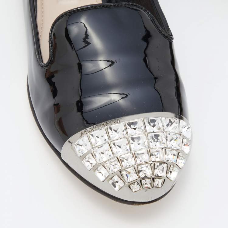 Pre Owned Miu Miu Black Patent Leather Crystal Embellished Cap Toe Smoking Slippers Size 35