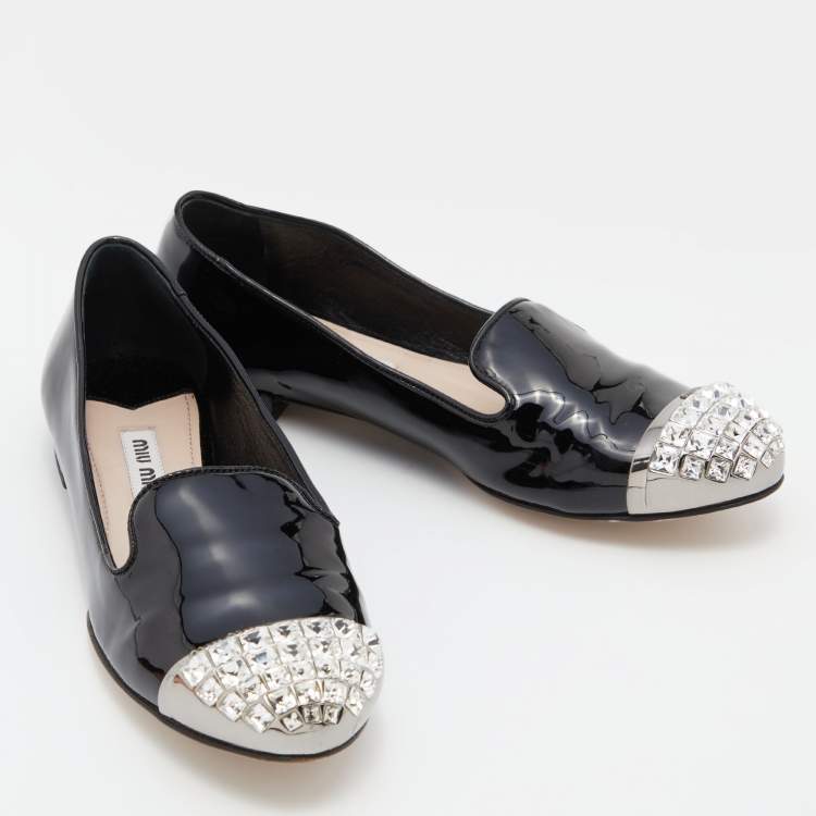 Pre Owned Miu Miu Black Patent Leather Crystal Embellished Cap Toe Smoking Slippers Size 35