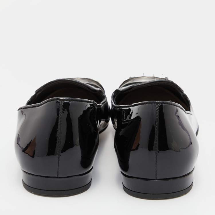 Pre Owned Miu Miu Black Patent Leather Crystal Embellished Cap Toe Smoking Slippers Size 35