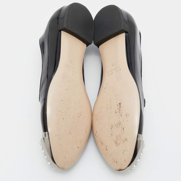 Pre Owned Miu Miu Black Patent Leather Crystal Embellished Cap Toe Smoking Slippers Size 35