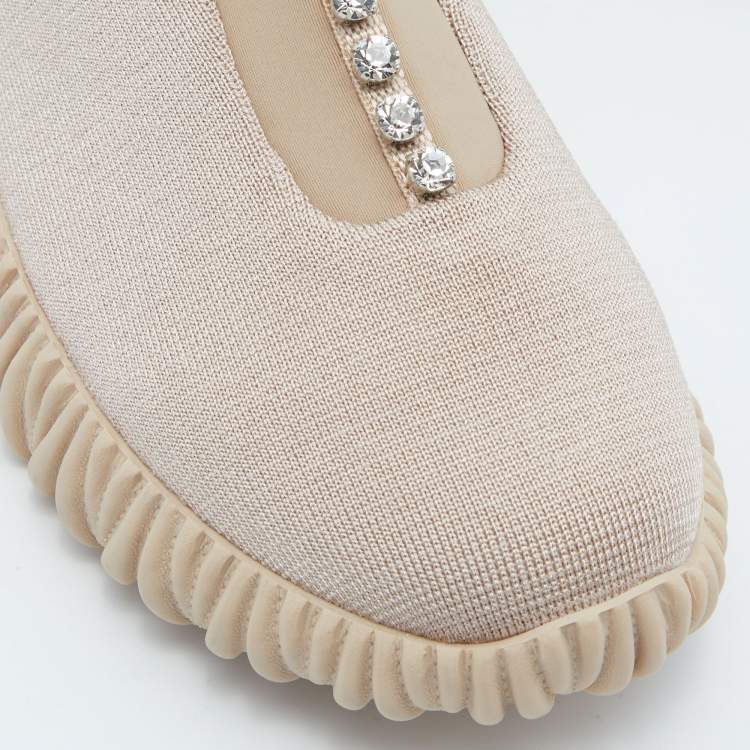 Pre Owned Miu Miu Pink Fabric and Neoprene Crystal Embellished Slip-On Sneakers Size 38