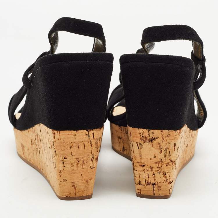 Pre Owned Miu Miu Black Suede Cork Wedge  Sandals Size 37