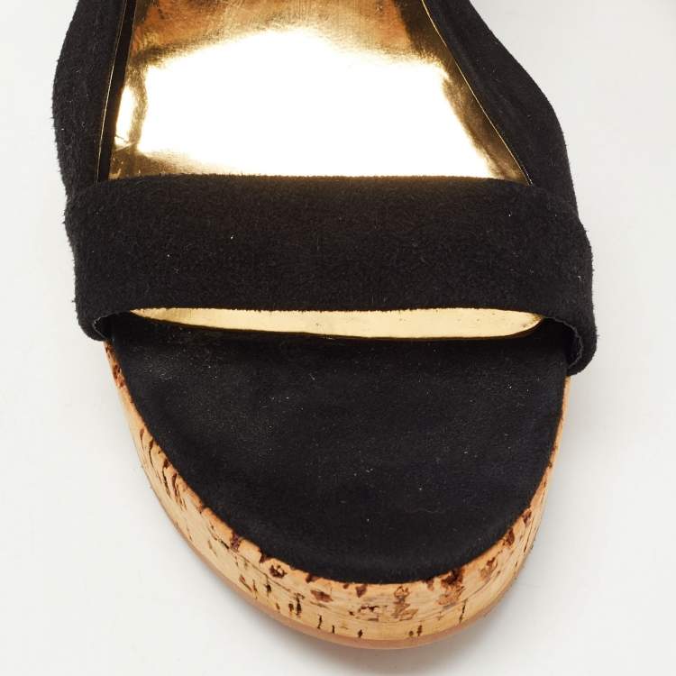Pre Owned Miu Miu Black Suede Cork Wedge  Sandals Size 37
