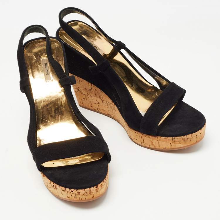 Pre Owned Miu Miu Black Suede Cork Wedge  Sandals Size 37