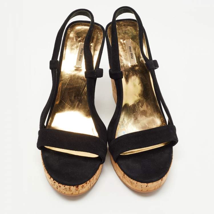 Miu Miu Black Suede Cork Wedge Sandals Size 37 Miu Miu | The Luxury Closet